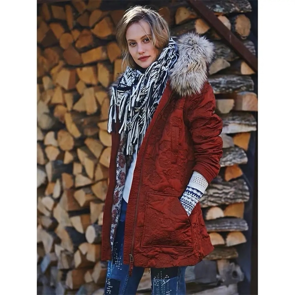 Free People Rust Quilted Winter Coat Jacket Fur Trimmed Hood - Picture 3 of 6